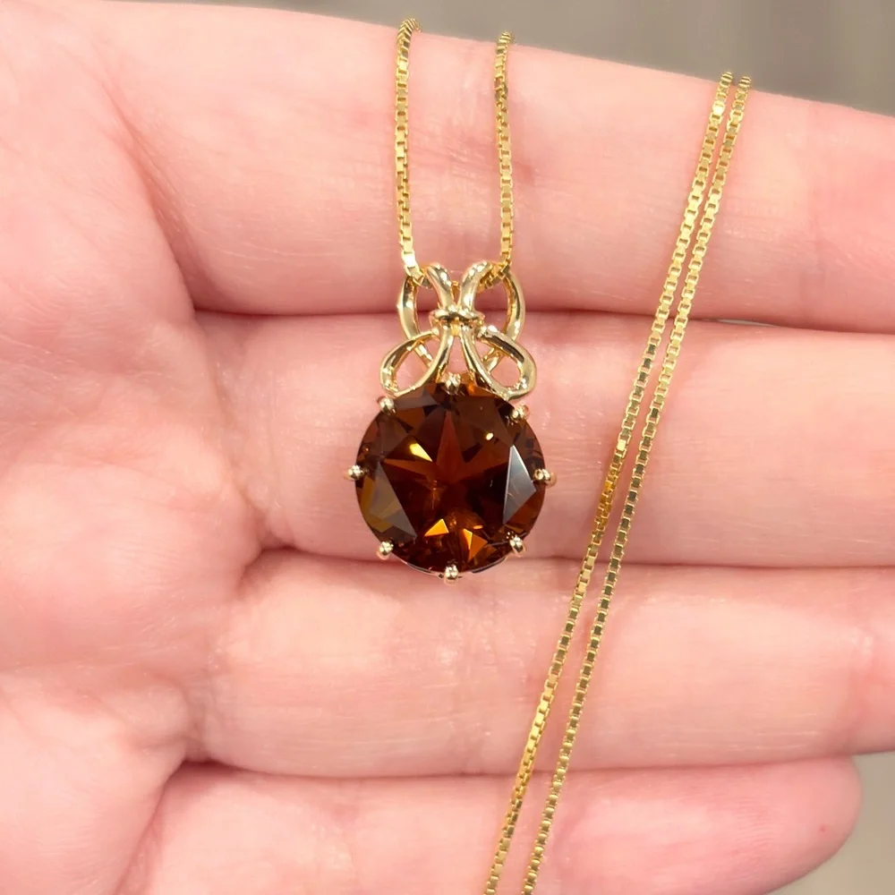 Vintage 14K Gold Smoky Quartz Pendant Necklace: Filigree Bow, Star Cut - Picture 3 of 10